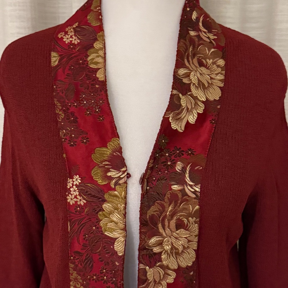 Ball of Cotton Red Textured Knit Cardigan with Floral Brocade Trim Women's S - Picture 2 of 16